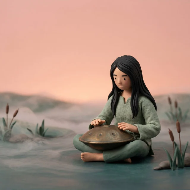 The Stillwater cover: a clay figure with a handpan by a pastel lake.