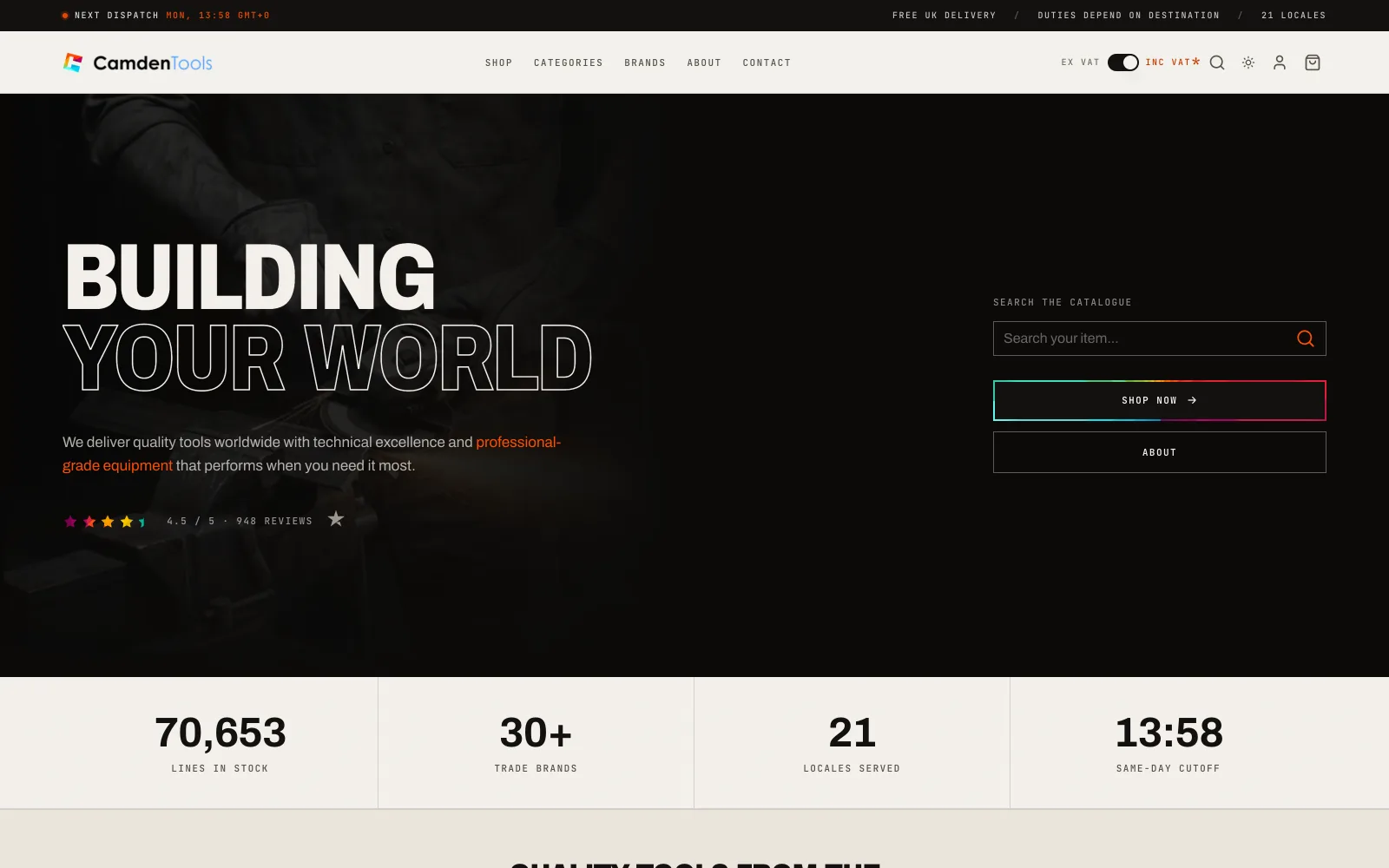 The Camden Tools homepage: “Building your world” over a grinder throwing sparks, with the catalogue search beside it.