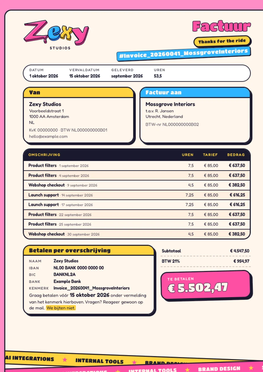 A Zexy Studios invoice made by Invoicify: eight lines of hours, 21% VAT, EUR 5,502.47 to pay.