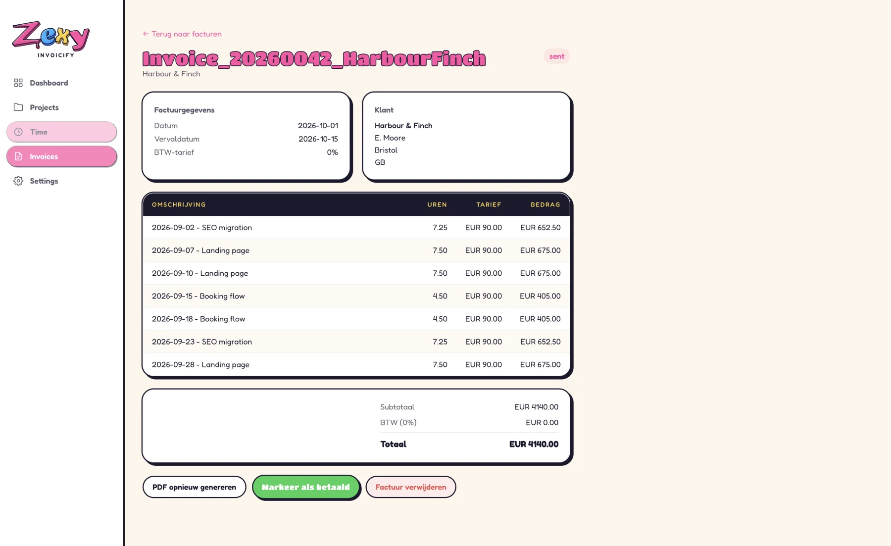 Invoicify's invoice page: September's logged hours turned into invoice lines for a UK client, VAT at 0%.