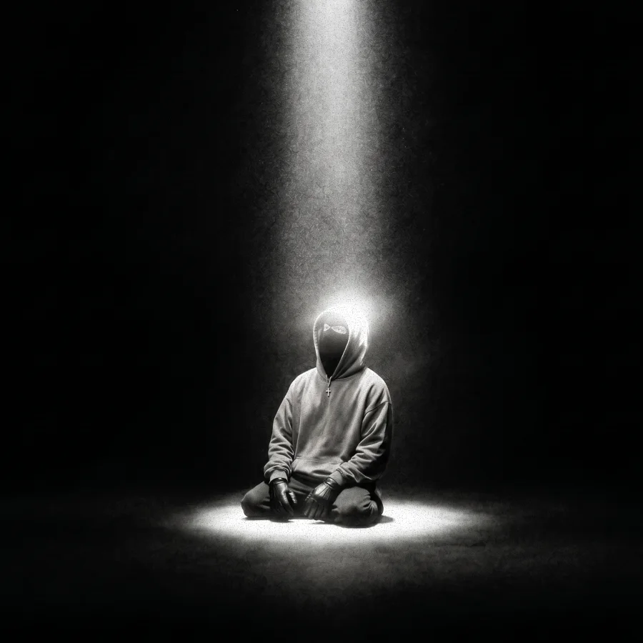 The CENIZA cover: a hooded figure kneeling in a beam of light.