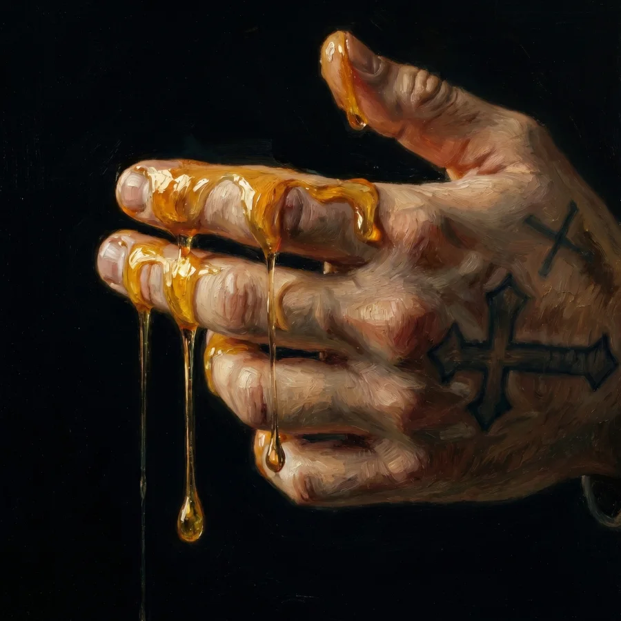 The RESINA cover: a tattooed hand dripping resin.