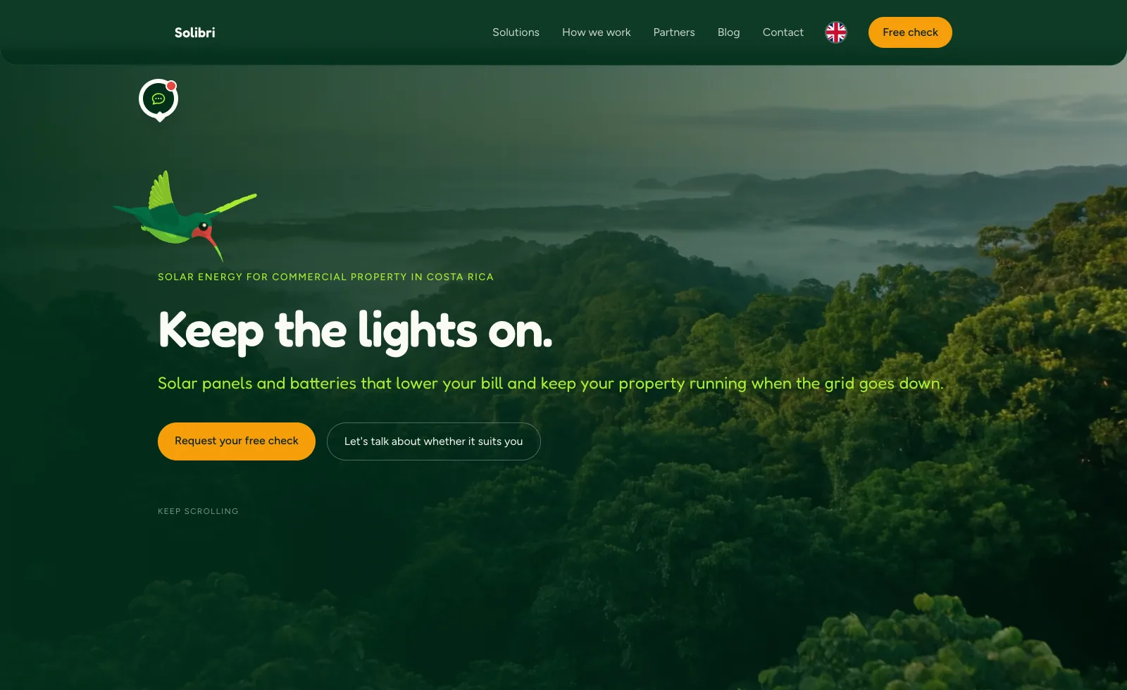 The Solibri homepage: “Keep the lights on.” over a misty rainforest, with the 3D hummingbird.